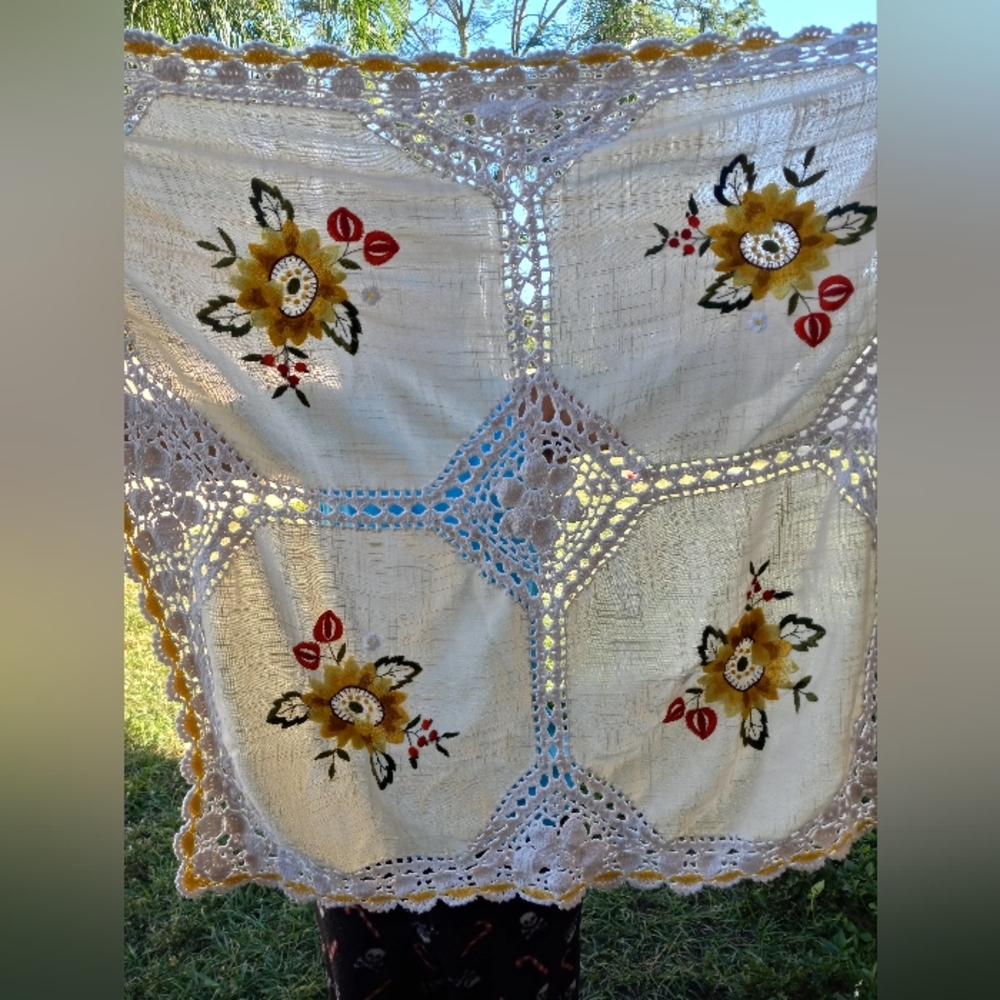 Handmade Crochet Embroidered Table Runner Pattern 37 in L x 37 in W Cream Topper